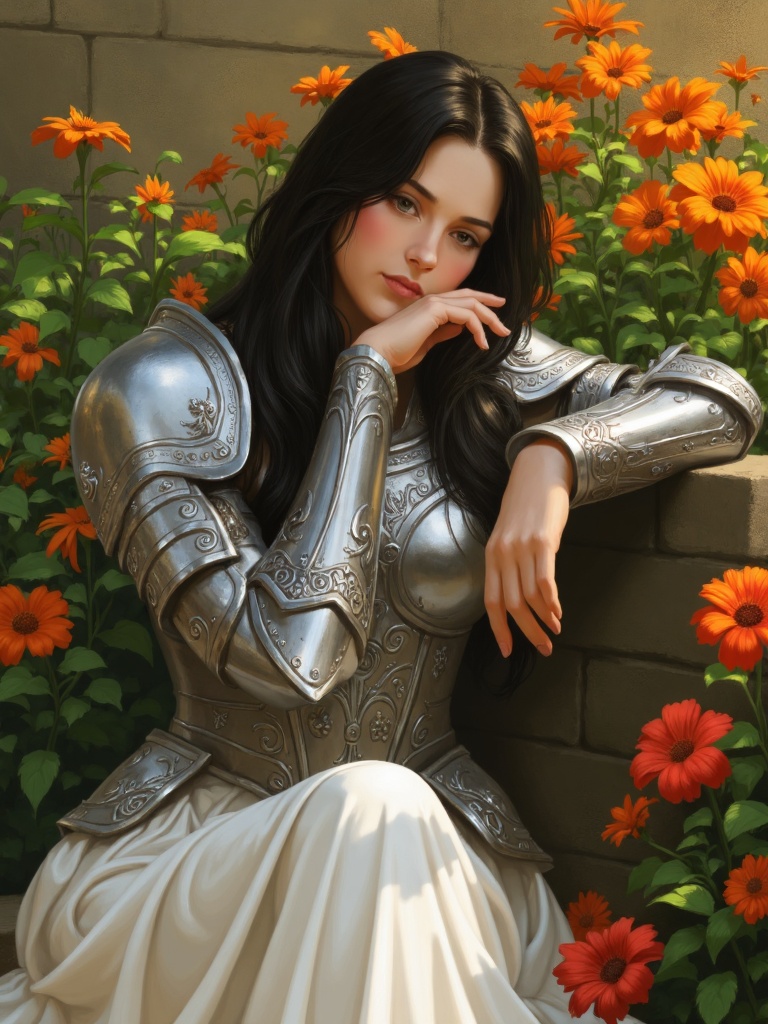 wowart style,  digital illustration,  portrayal of a female figure in a garden setting. She is adorned in ornate silver ar...