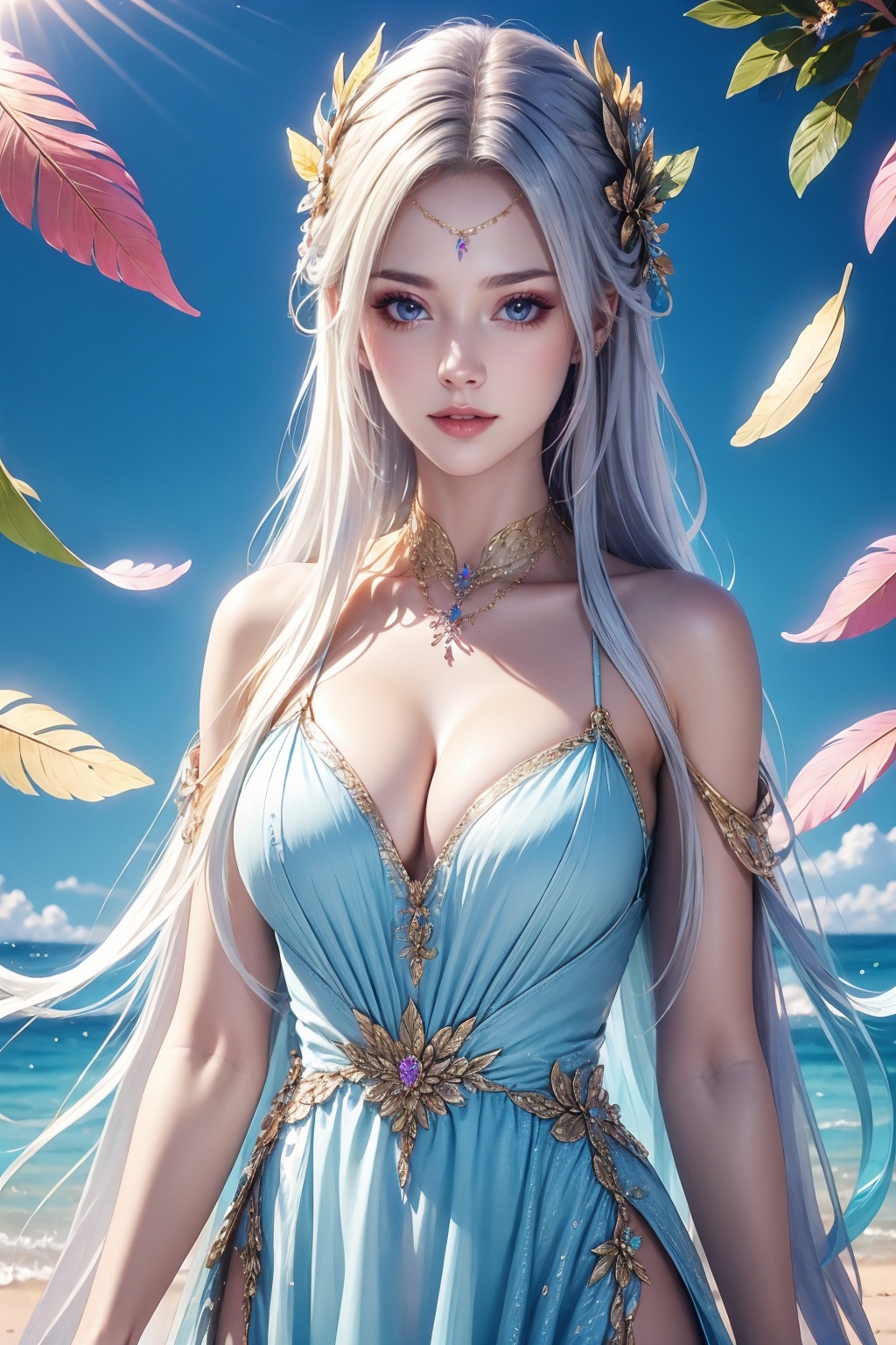 extremely detailed, 1girl, solo, long hair, jewelry, hair ornament, necklace, breasts, cleavage, original, dress, looking at viewer, feathers, pale skin, wavy hair, white hair,
