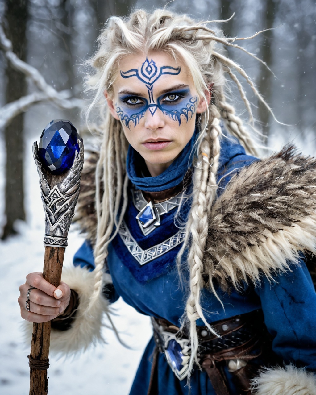 Intricate Photograph of an intensely focused Viking woman sorceress with platinum blonde hair in dreadlocks,  wielding a r...