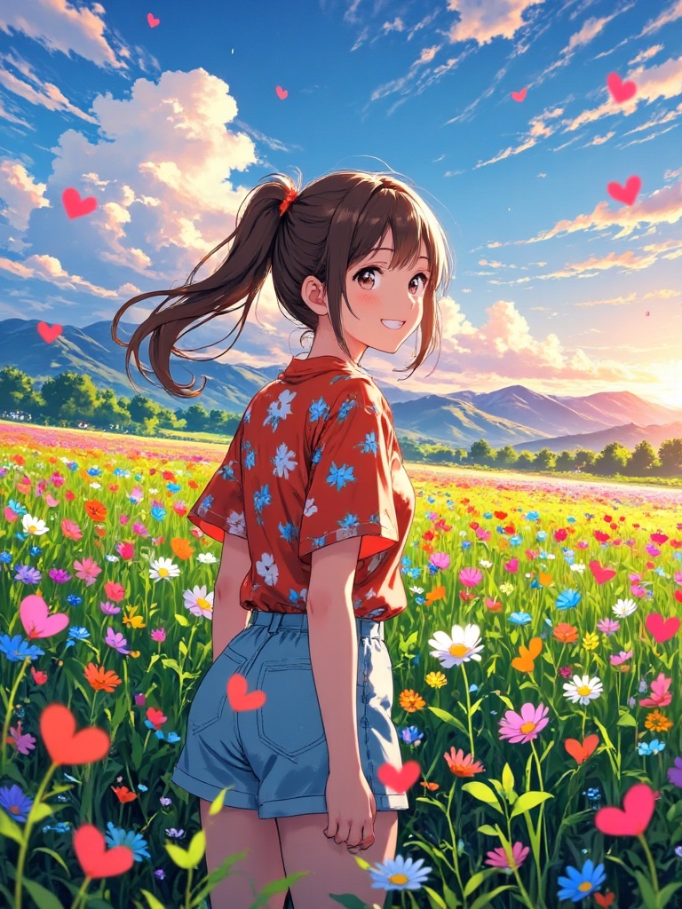 anime girl,  cute,  in a field of colorful flowers on Tensor.Art