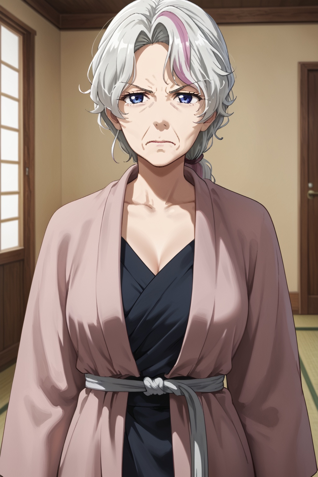 1girl,   Tsuzuki Shifune solo, looking at viewer, blue eyes, upper body, white hair, female focus, multicolored hair, indoors, frown, parody, robe, old, old woman<lora:space-老板:0.8>