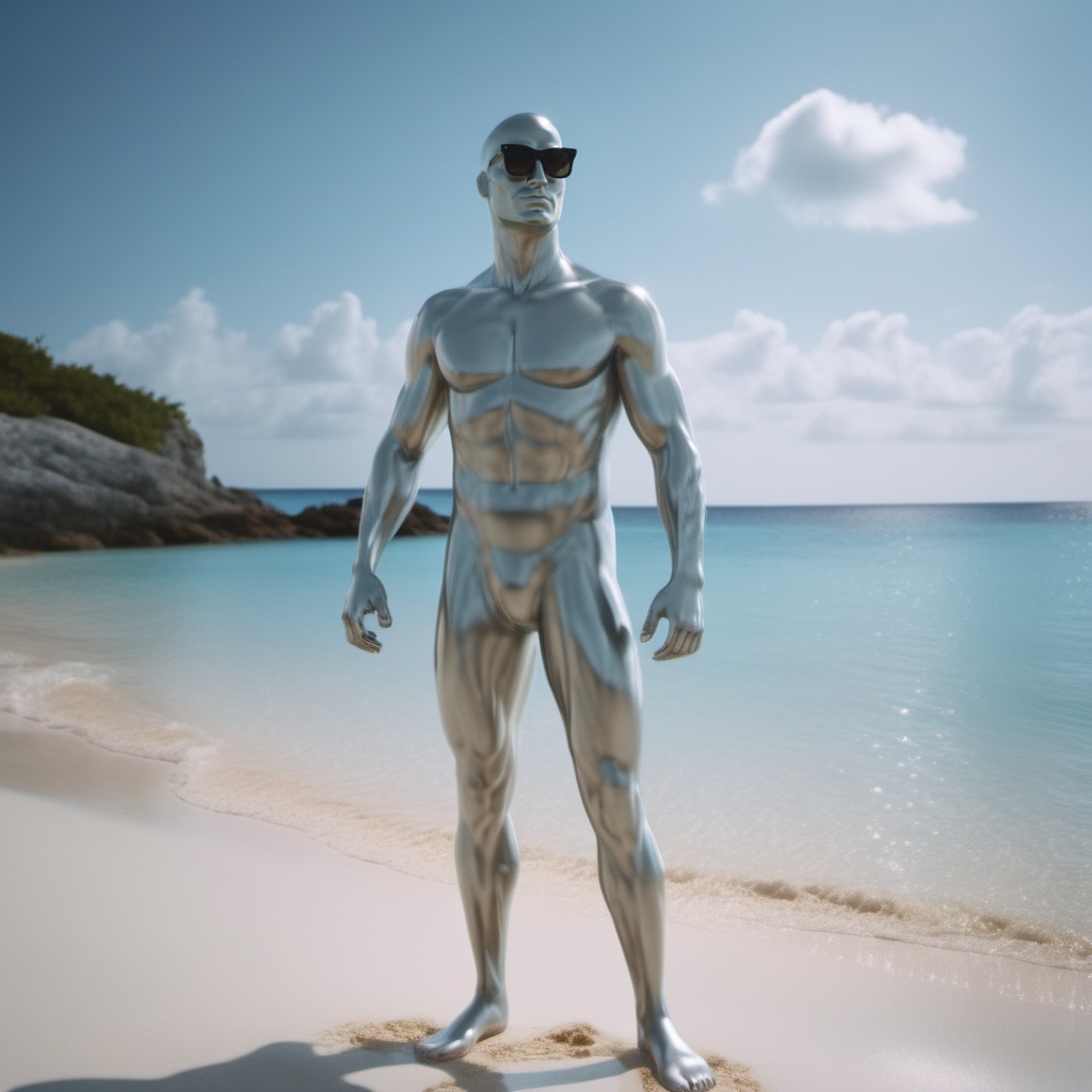 cinematic photo a full body silver man in bermuda wears sunglasses on the beach using sunscreen . 35mm photograph,  film,...