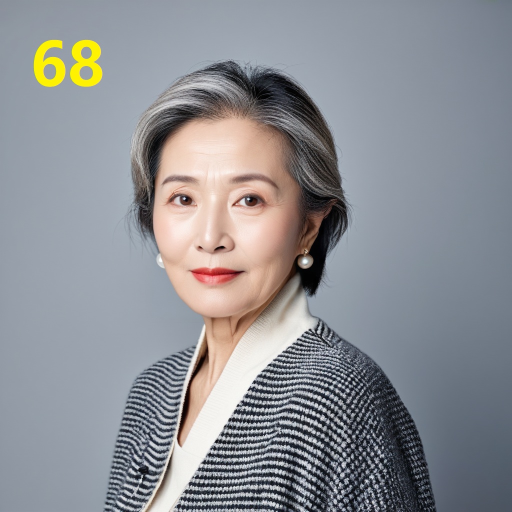leogirl,A 68-year-old woman,portrait photo,facial focus,photo taken,fashionable and simple,Chinese ethnicity,soft gray background,natural lighting,high-resolution clarity,contemporary portrait,gentle,fashionable and avant-garde,simple accessories,details with strong contrast between skin color and neutral background,looking at the audience,