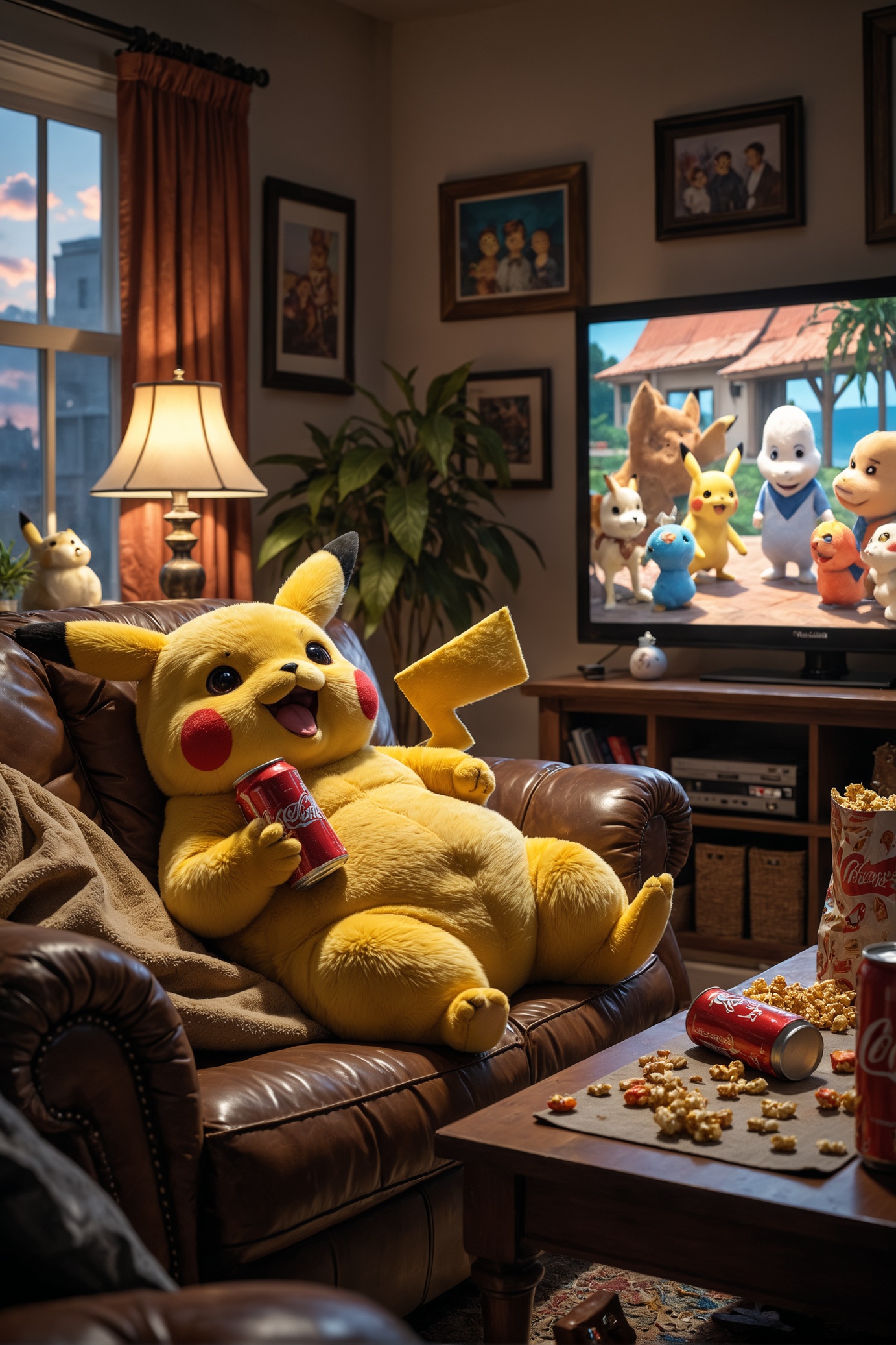 In a hyper-realistic living room,  a chubby Pikachu lounges lazily on a well-worn leather sofa,  exuding an air of comfort...