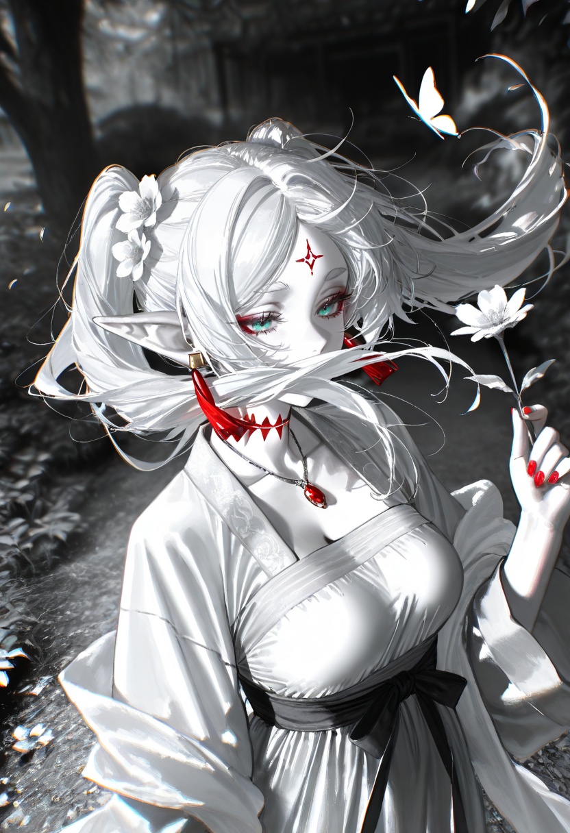 perspective,fisheye lens,blurry,photo background,1girl,solo,sousou no frieren,frieren,earrings,chromatic aberration,messy hair,elf,pointy ears,twintails,white hair,white shirt,fashion,cool girl,pose,holding flower,good hands,scenery,outdoors,nature,leaf,wind,tassel,blunt bangs,large breasts,nail polish,covered mouth,tassel earrings,jewelry,hair flower,hairclip,long sleeves,hair stick,collarbone,pale skin,gem,facial mark,forehead mark,necklace,tattoo,shawl,neck tattoo,outdoors,(blurry background:1.21),(hanfu:1.61051),(chinese clothes:1.21),(eyeliner, makeup:1.331),butterfly,garden,falling,((artist:betabeet)),artist:john_kafka,artist:nixeu,artist:quasarcake,masterpiece,best quality,solo,monochrome,spot color,very awa,masterpiece,best quality,year 2024,newest,highres,absurdres,