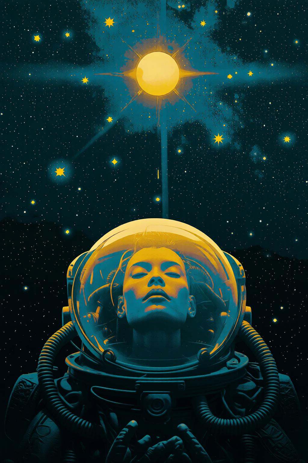 pascalblanche2q illustration. juangimenez1. A dark background filled with stars. In the foreground,  a man inside a transp...