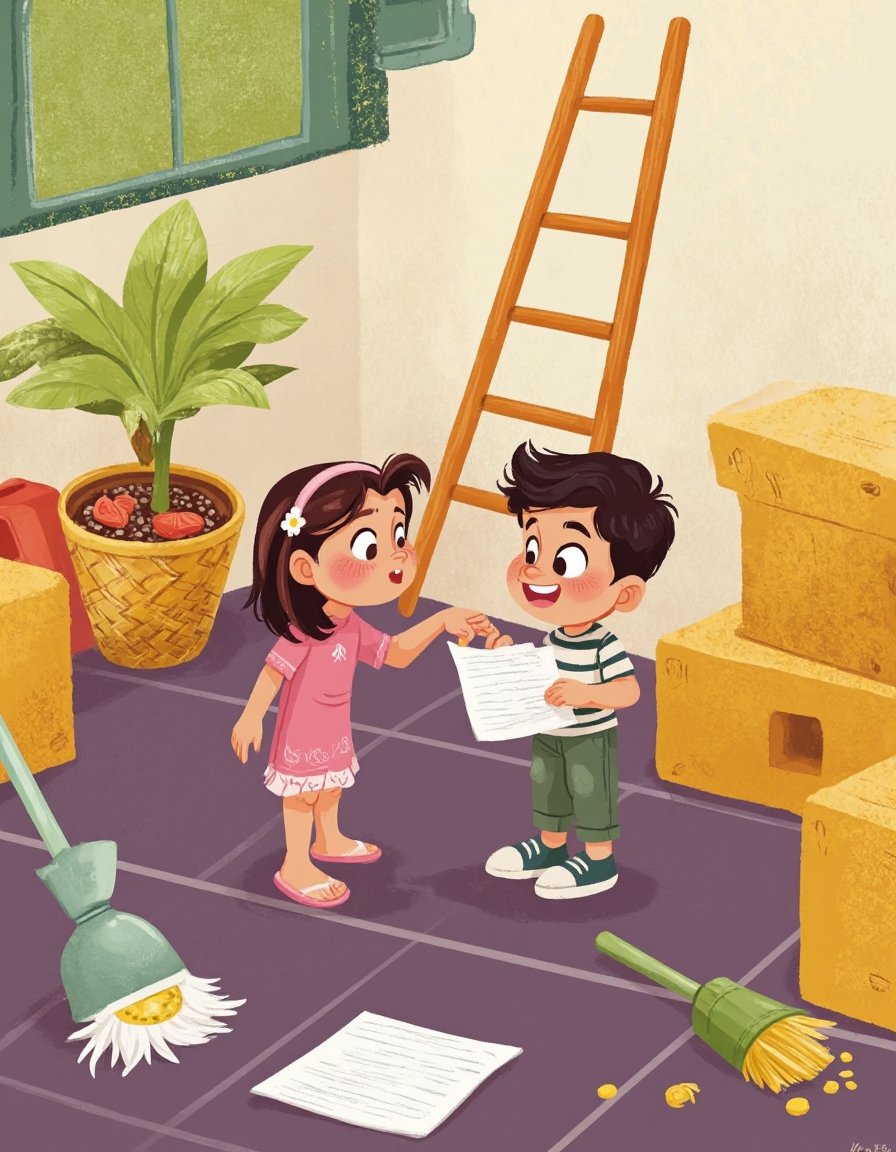 This is a high-quality digital illustration depicting two young children,  a boy and a girl,  standing in a cozy on Tensor...