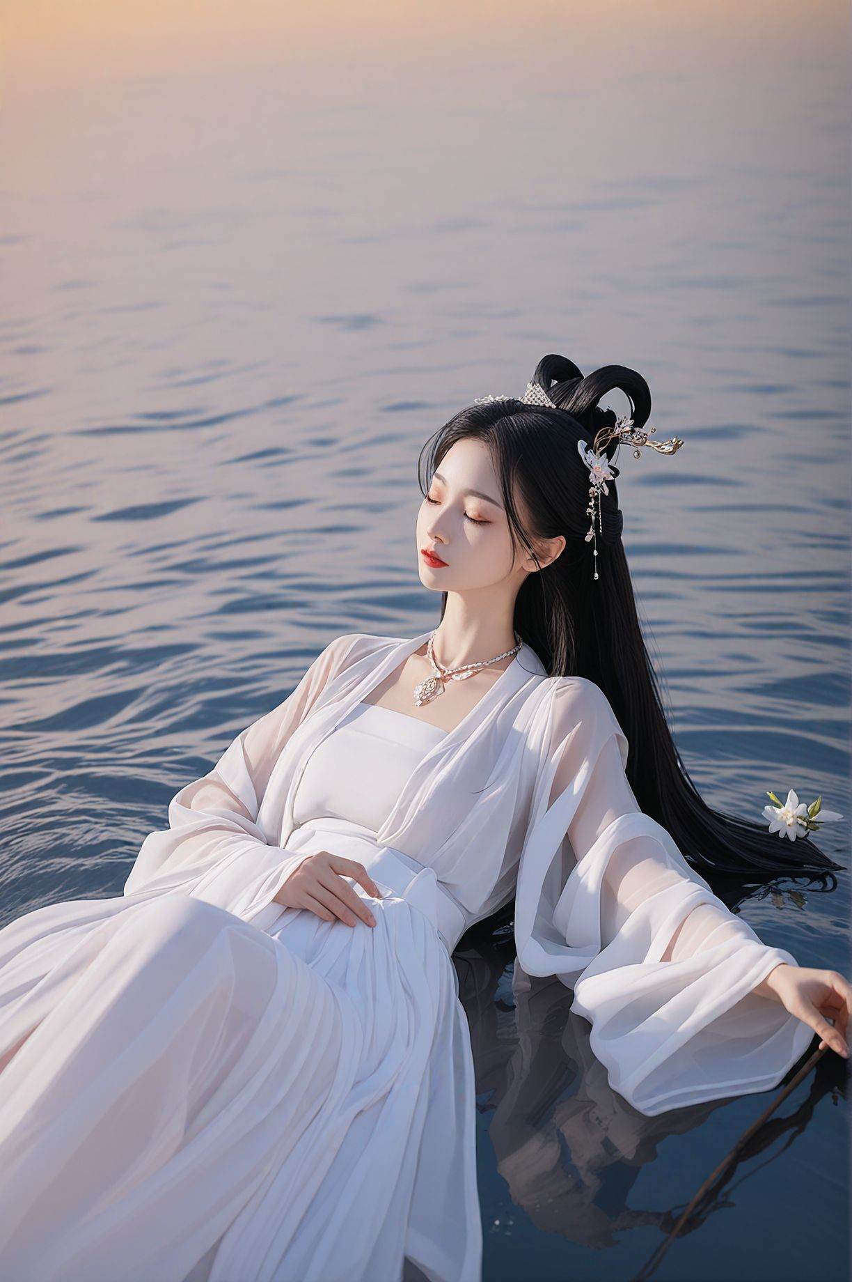 score_9,score_8_up,score_7_up,score_6_up,score_5_up,score_4_up,hanfu,wide sleeves,long sleeves,sleeves past fingers,see-through,hair stick,hair ornament,1girl,black hair,closed eyes,long hair,solo,necklace,dress,jewelry,flower,white dress,red lips,lying,on back,hair ornament,realistic,water,