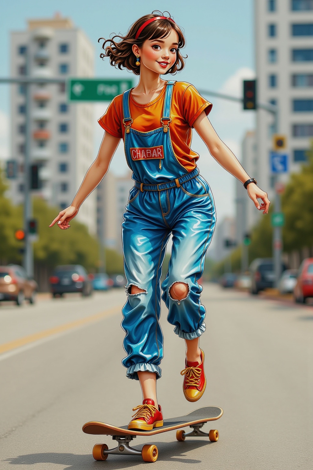 SK,SK,dressed in a stylish crop top and baggy overalls,skateboarded on the streets. She stepped on the skateboard with one foot and pushed the ground with the other foot to help her. Her body twisted left and right flexibly to maintain balance. The wind blew her short hair and a confident smile hung on her face.,