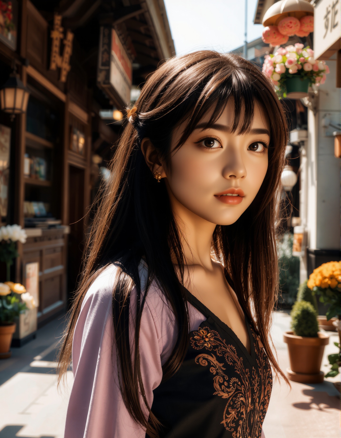 A photograph of an incredibly beautiful 18-year-old girl with long,  stylish gradient brown hair,  standing confidently at...