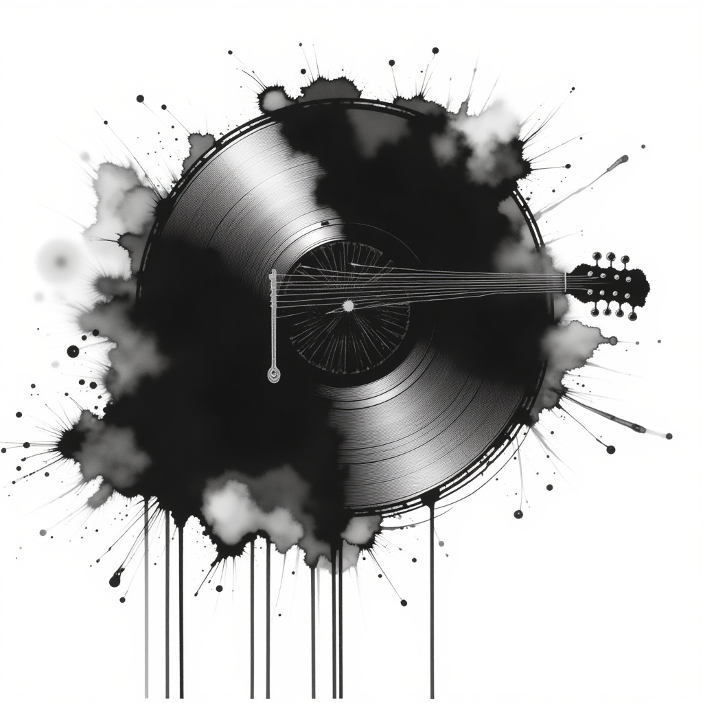 A monochrome fermata with a washed-out ink effect in flat tonality,  reminiscent of old-school R&B records. on Tensor.Art