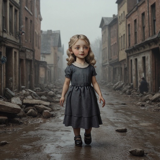 dark and gloomy children's book Artwork illustration of Gerda. She is standing in the street of post-war Berlin in 1949. D...