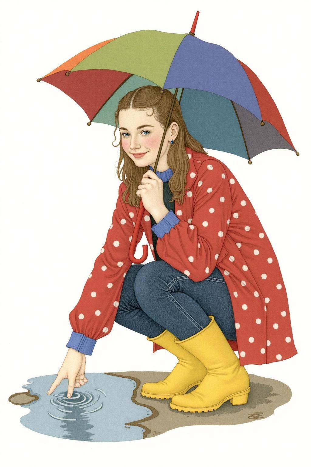 olgadugina1 illustration. A young woman,  angled from slightly above and to the right,  crouching low to the ground in a p...