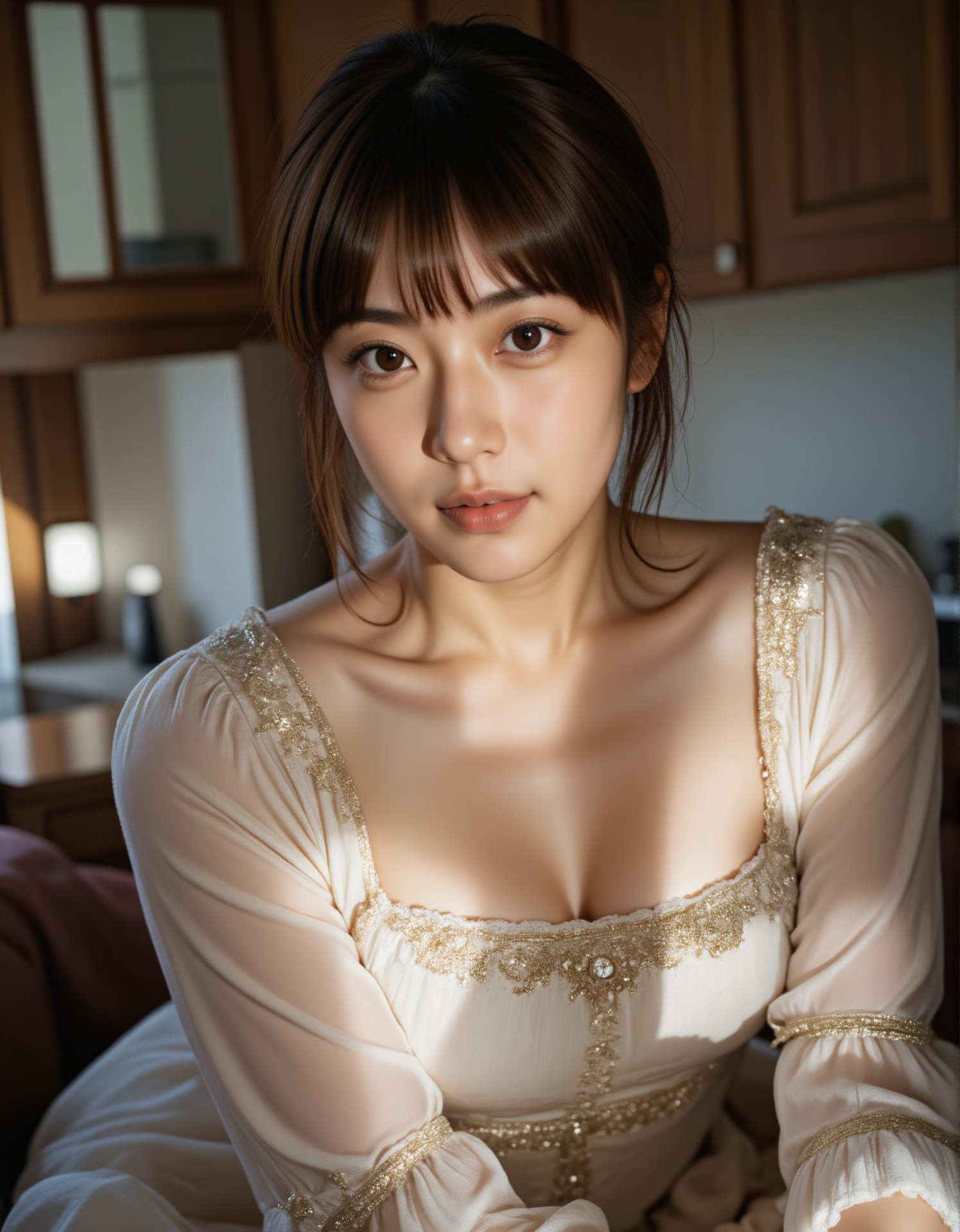 A photograph of a young woman with fair skin and long,  straight brown hair,  wearing a cream-colored on Tensor.Art