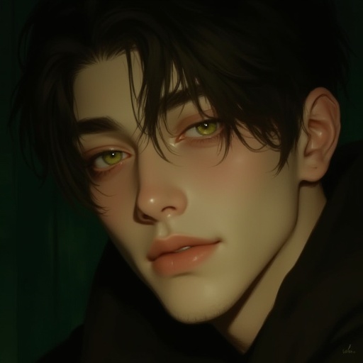 contemplative expression. His eyes are a striking hazel,  framing his piercing green eyes. His expression is contemplative...
