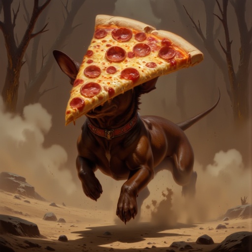 DFOP-V3.0 style oil painting that features a dachshund running away with a big slice of pizza in his mouth on Tensor.Art