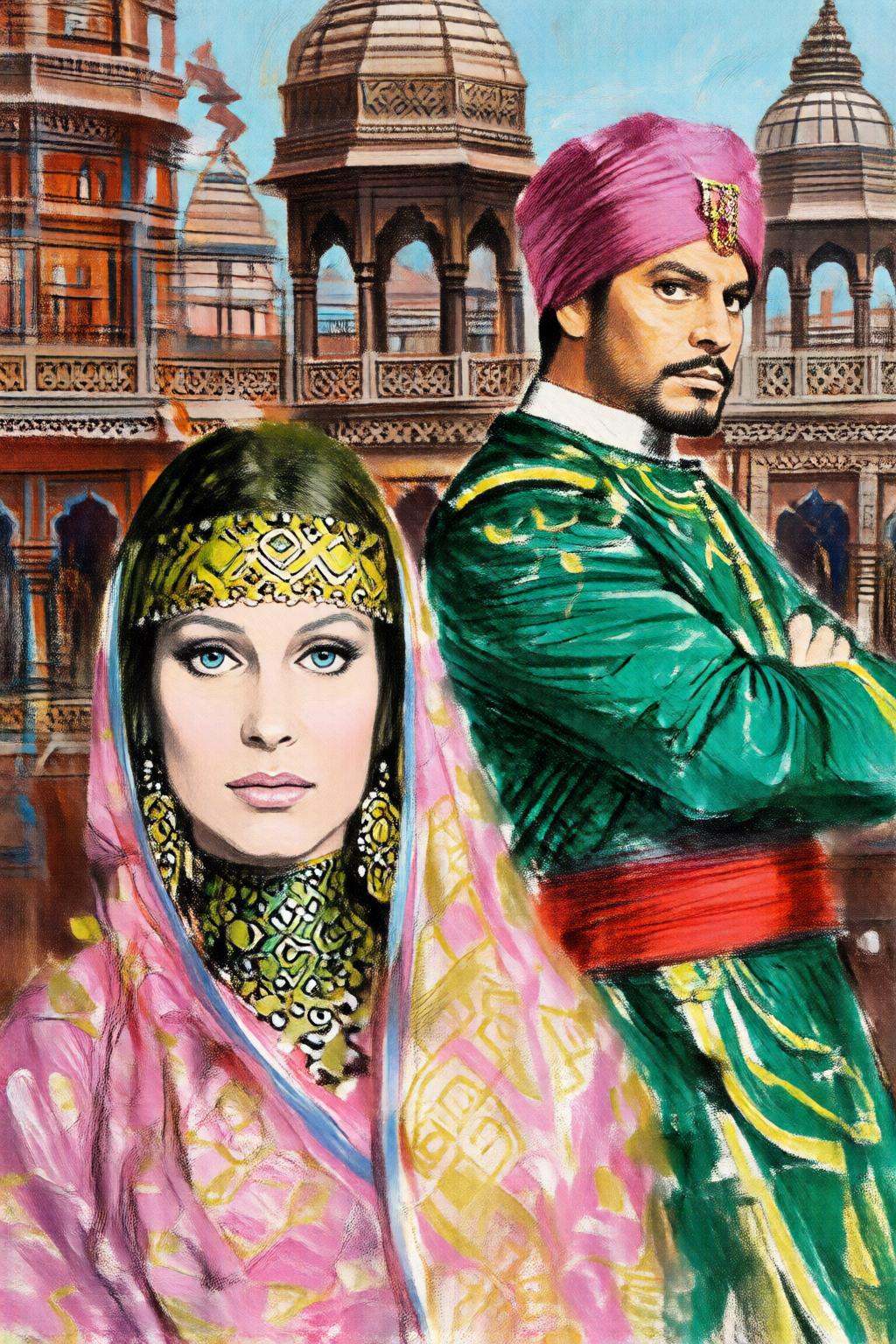 giannirenna2q illustration. In the foreground stands a woman with blue eyes,  facing the viewer directly,  in elaborate tr...