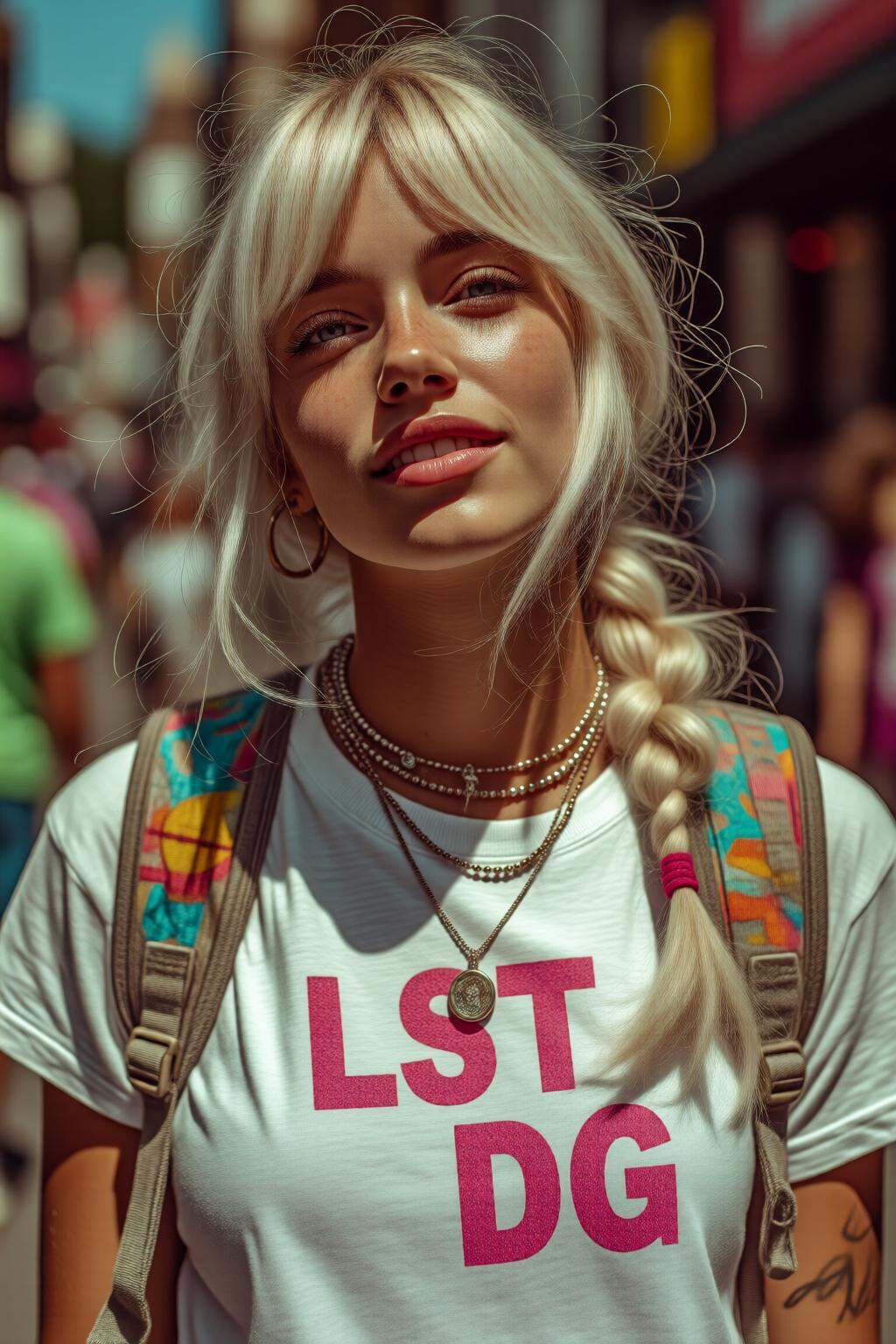 midjourneymix10q photographA young American woman with long,  blonde hair tied back,  is blowing a bubble gum while glanci...