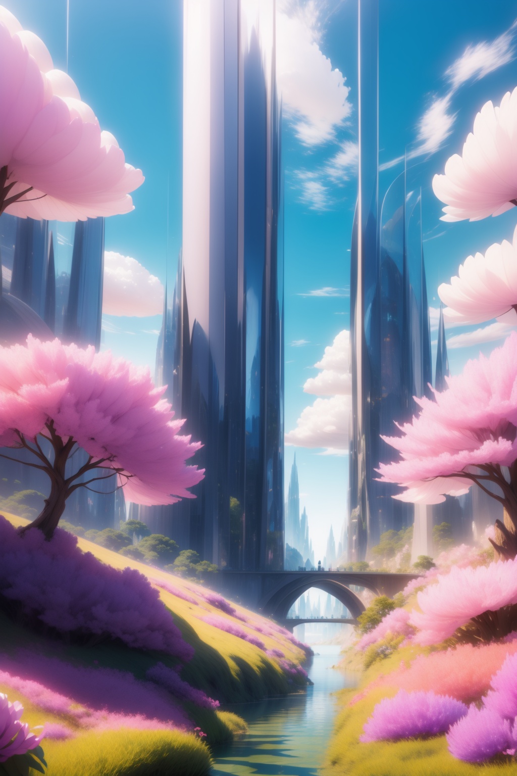 <lora:AgainWonderlandForest:1>,AgainWonderlandForest, scenery, flower, sky, cloud, day, no humans, tree, blue sky, plant, bridge,  fantasy,