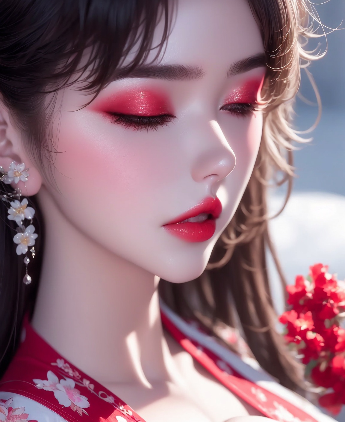 1girl, ,,Diamond Earrings , see-through, , floral_print, , solo, brown_hair, with heavy makeup，red lips，Moisturizing red lips，，eye makeup，close-up，cleavage，close the eyes  <lora:绝美头像1.3:1>