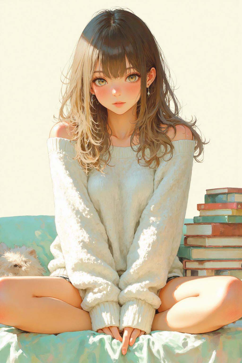 nijiwatercolor2 anime illustration.A young woman is sitting cross-legged on a bed. She is wearing a large,  white,  knitte...