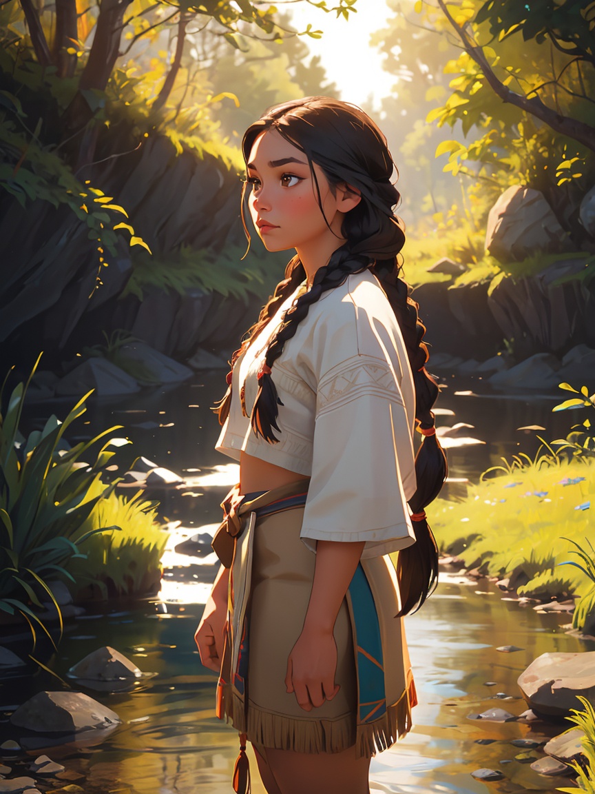 Gorgeous Native American young ***** female wearing cropped traditional native American clothing. Highly detailed beautifu...
