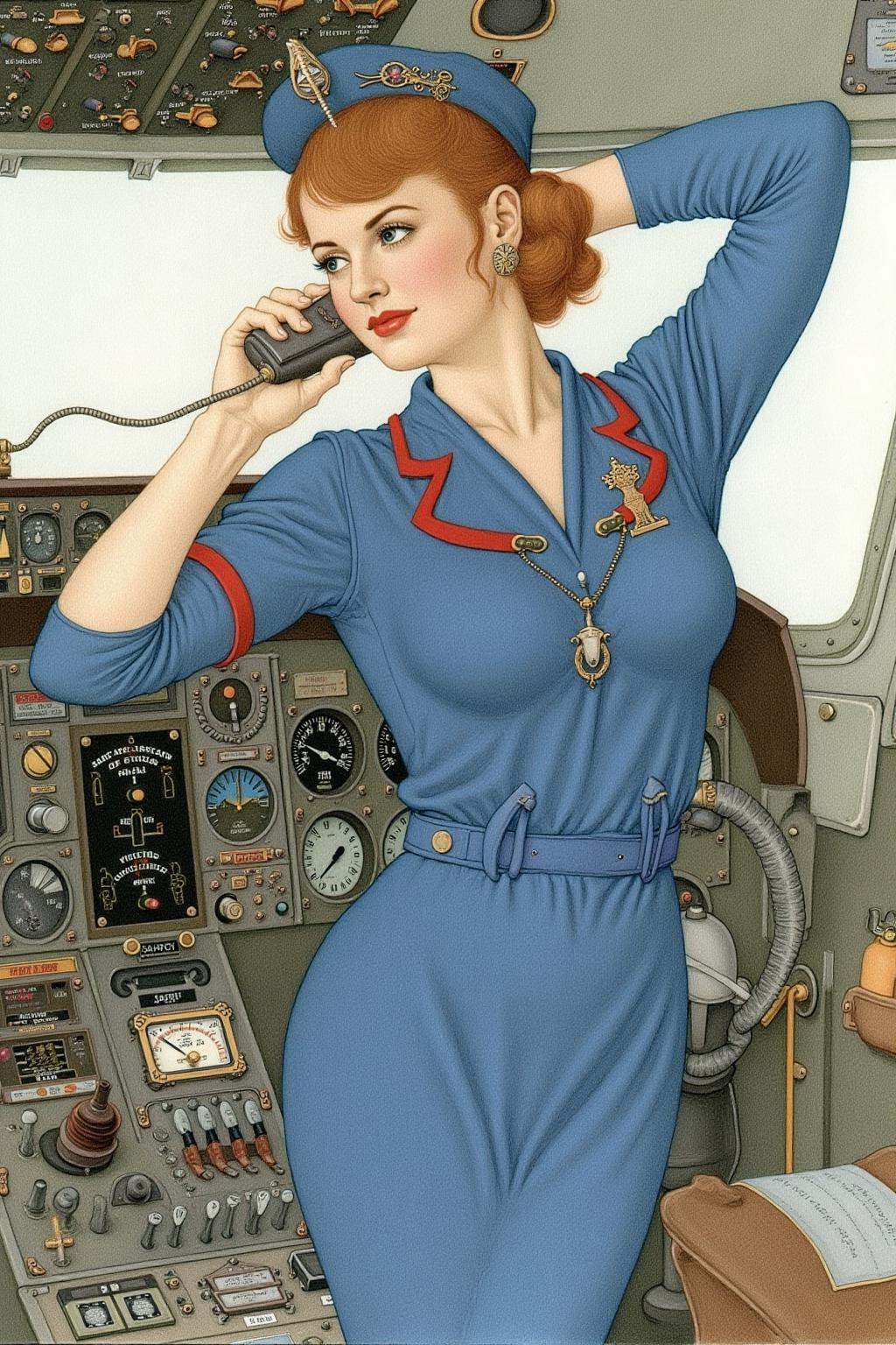 olgadugina1 illustration. A woman dressed in a blue vintage stewardess uniform with red accents stands in the cockpit of a...