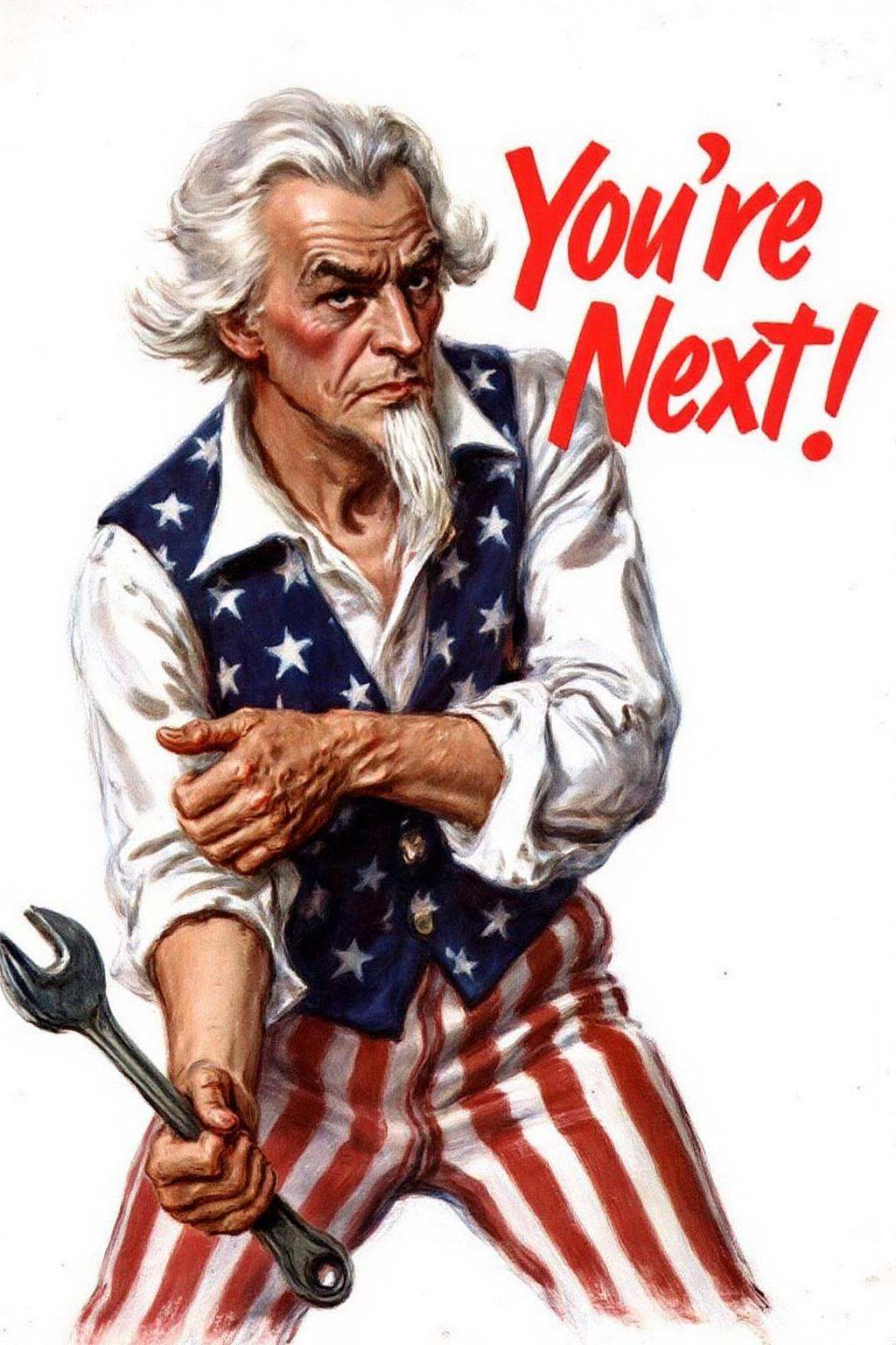 jamesmontgomeryflagg1 illustration.WW2 Poster. Closeup of Uncle Sam,  a tall thin man with white hair,  wears a white shir...