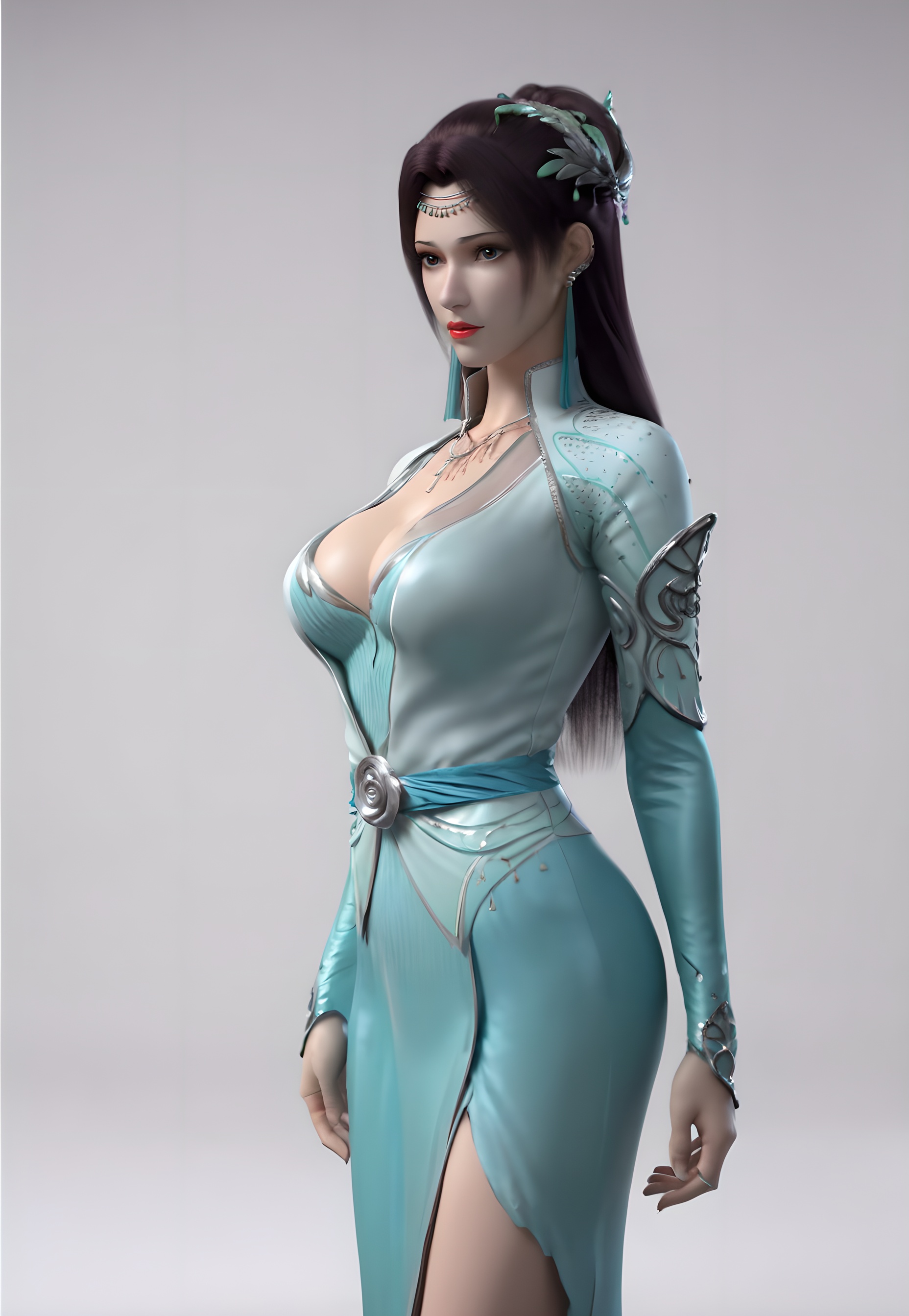 score_9,score_8_up,score_7_up,<lora:SF_YunYunGreenClothes_Pony-000004:0.7>,1girl,solo,standing,dress,breasts,large breasts,red lips,jewelry,hair ornament,earring,looking at viewer,white background,