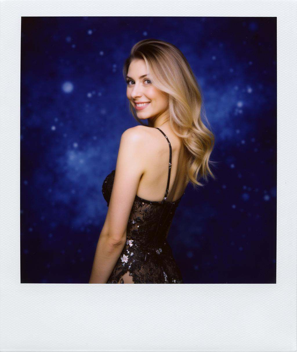 Polaroid frame of beautiful woman,  evening dress,  background of space and astral on Tensor.Art