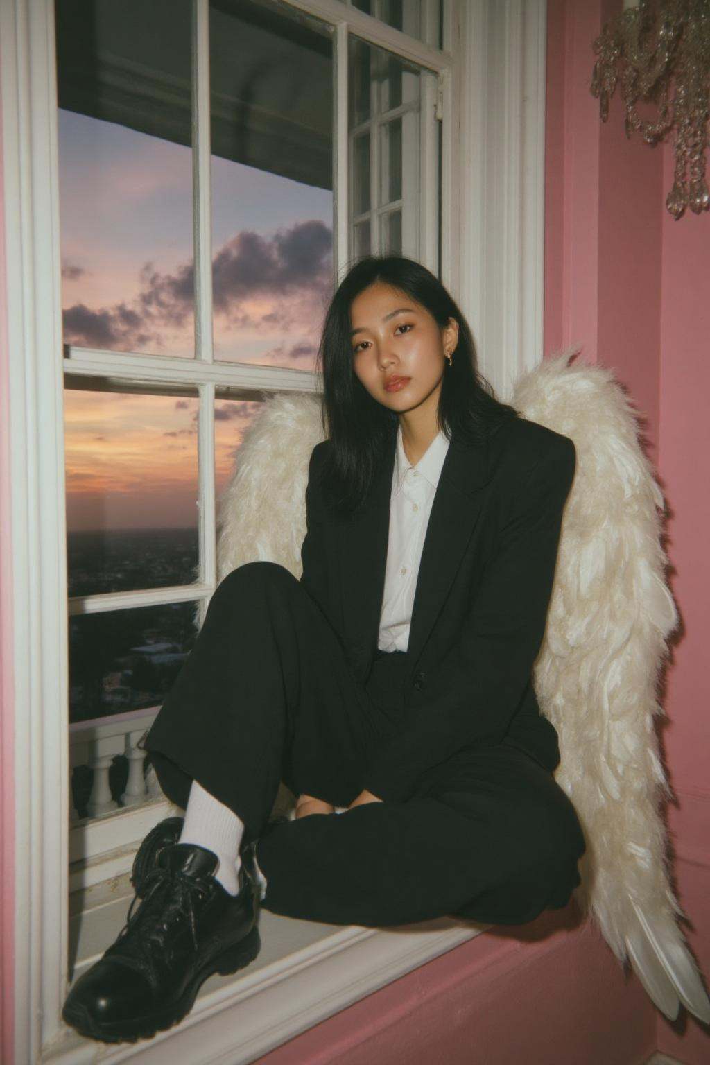 midjourney analog photograph.A young Korean woman sits on a windowsill,  dressed in a black suit and white shirt,  with la...