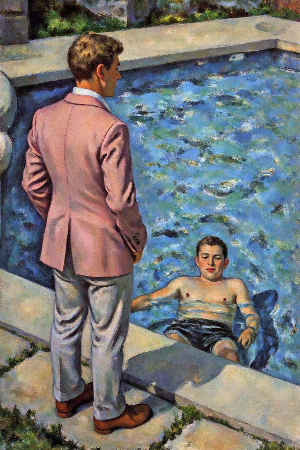 pau1cez painting.A man standing by an outdoor swimming pool,  observing a person underwater. The man,  with short on Tenso...