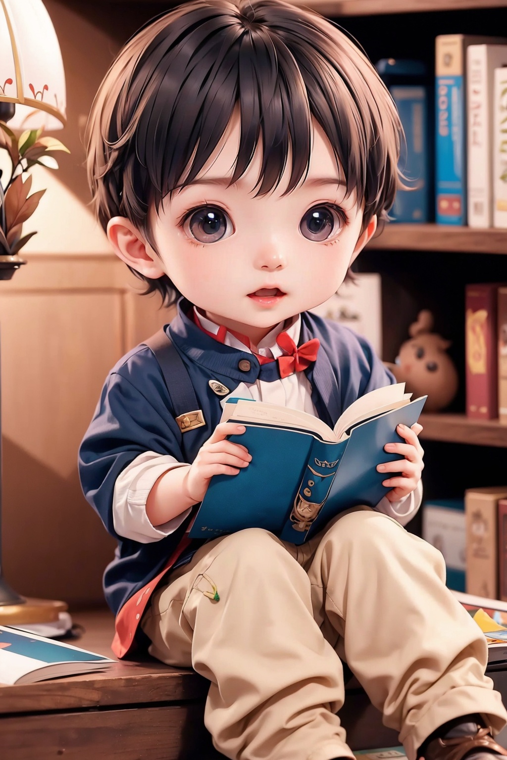 A cute little boy,sitting,reading,
