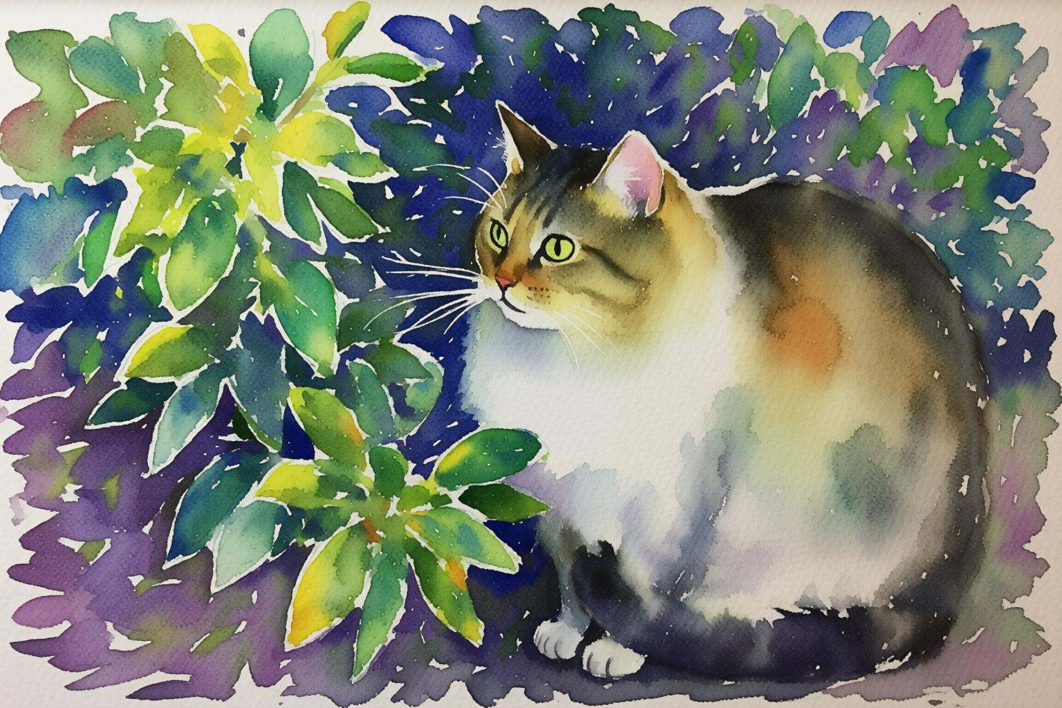 watercolorbasic2q watercolor painting of A cat positioned slightly off-center to the right,  with a round body and soft,...