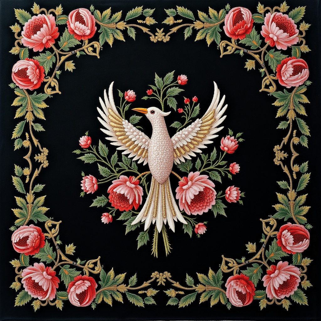 embroidery,there is a picture of a bird and flowers on a black background,floral embroidery,victorian textiles,embroidered brocade,fabric embroidery,luxury journal cover,baroque cloth,highly detailed pattern,panel of black,8k fabric texture details,flowers. baroque elements,baroque wallpaper,intricate dark background,flower motif,ornate background,fine foliage lace,black rococo,ornate decorative background,inside stylized border,1 8 th century spring ornaments,decorative border,beaded embroidery,baroque frame border,background **** of big curtains,detailed lacework,directoire style,very detailed black feathers,filigree border,jewel embellishment,extremely intricate high detail,chinoiserie pattern,richly detailed colored,ornamental edges,