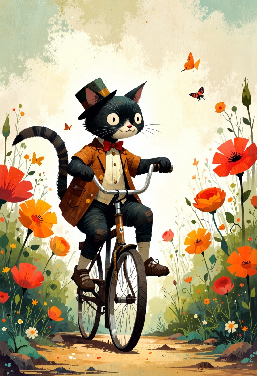 ppstorybook,  A curious cat with a top hat and bowtie,  riding a bicycle through a colorful garden of giant flowers on Ten...