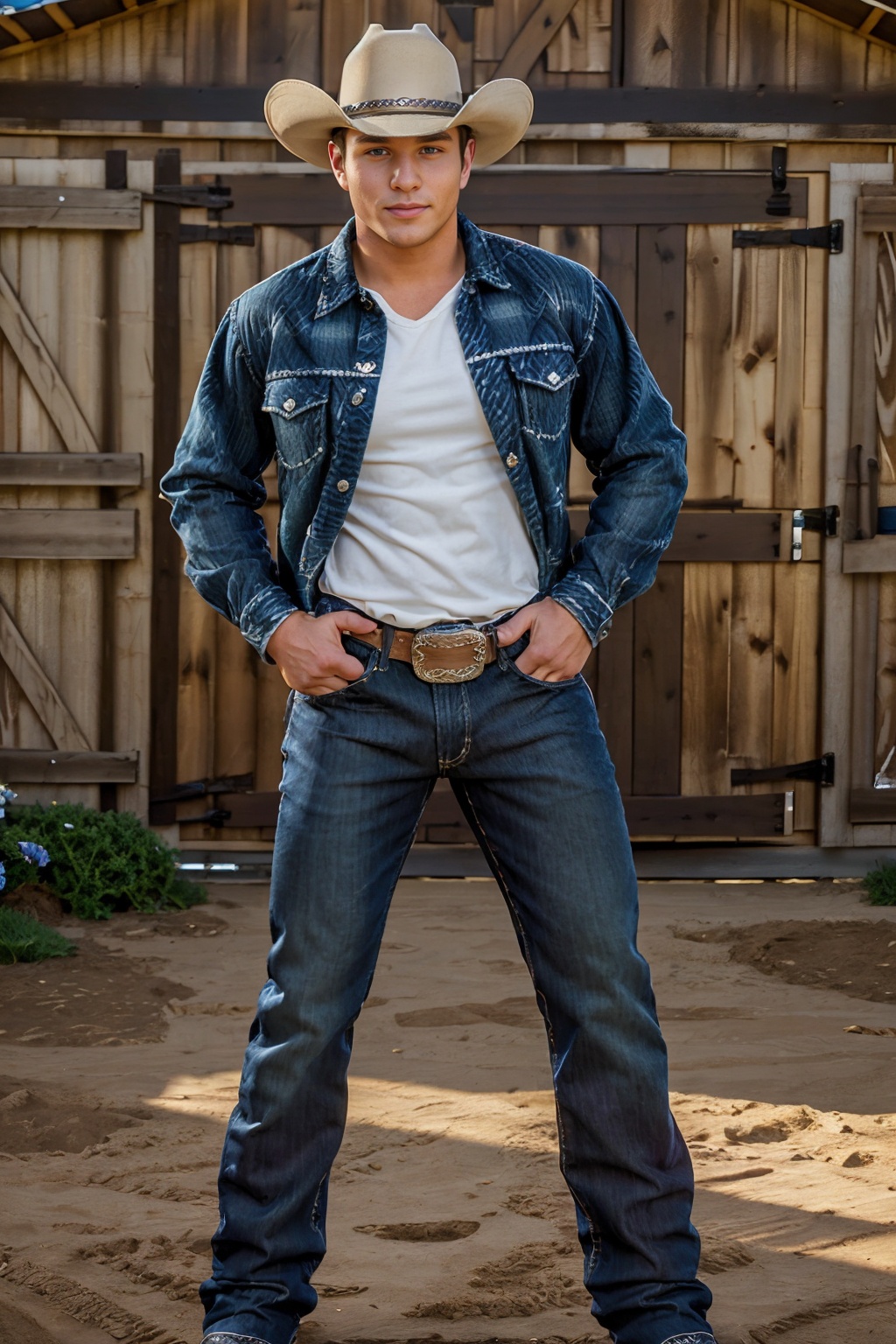 outdoors,  standing in front of barn,  muscular (DylanRoberts) on Tensor.Art