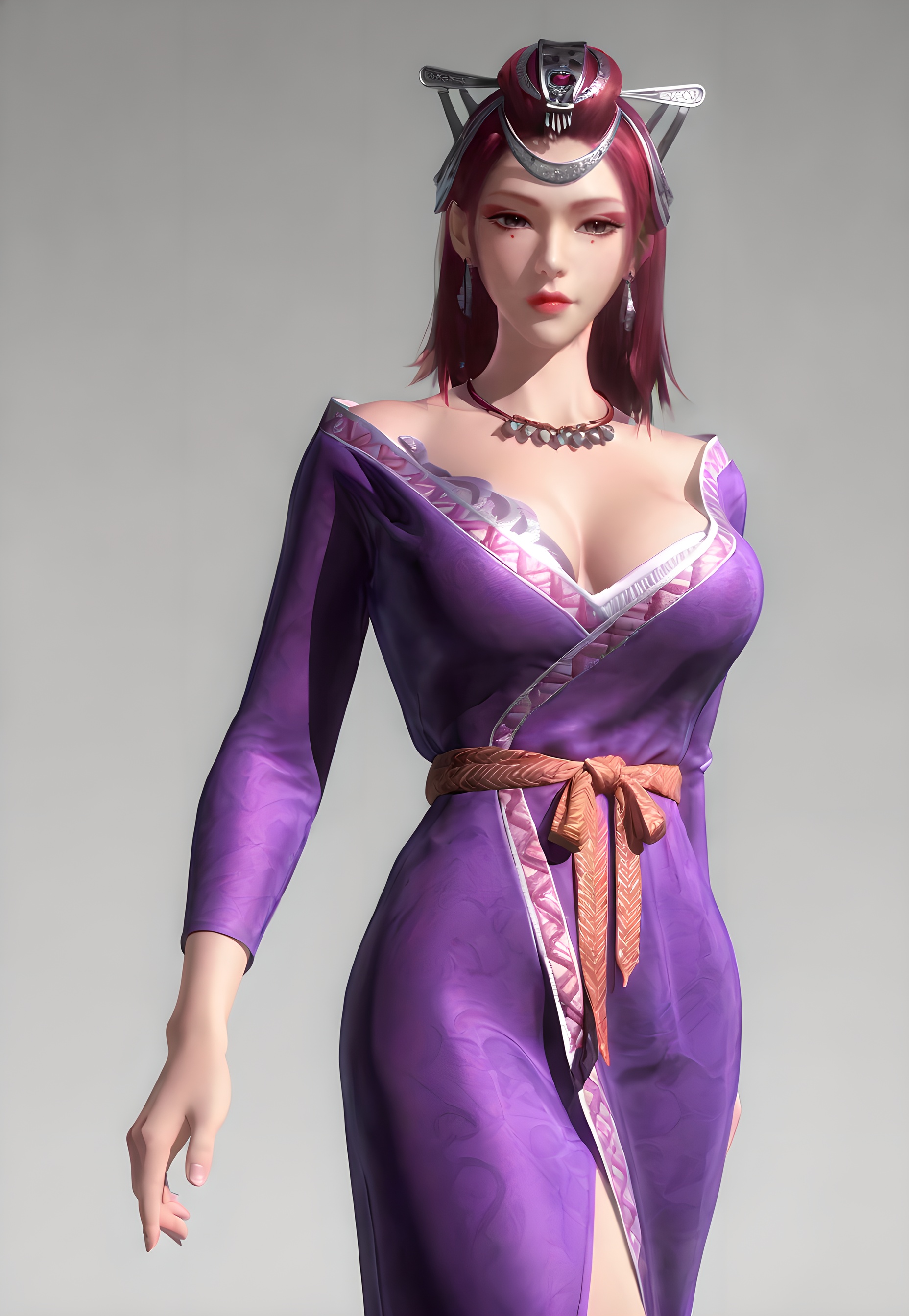 score_9,score_8_up,score_7_up,<lora:SF_TianMi_Pony-000004:0.7>,1girl,solo,standing,purple dress,breasts,large breasts,red lips,jewelry,hair ornament,earring,looking at viewer,white background,
