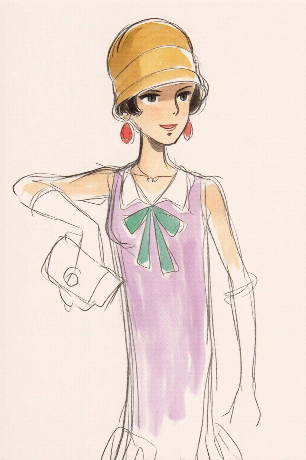 hayaomiyazaki3q illustration.A woman wearing a light purple dress with a large green bow at the chest,  long white gloves,...