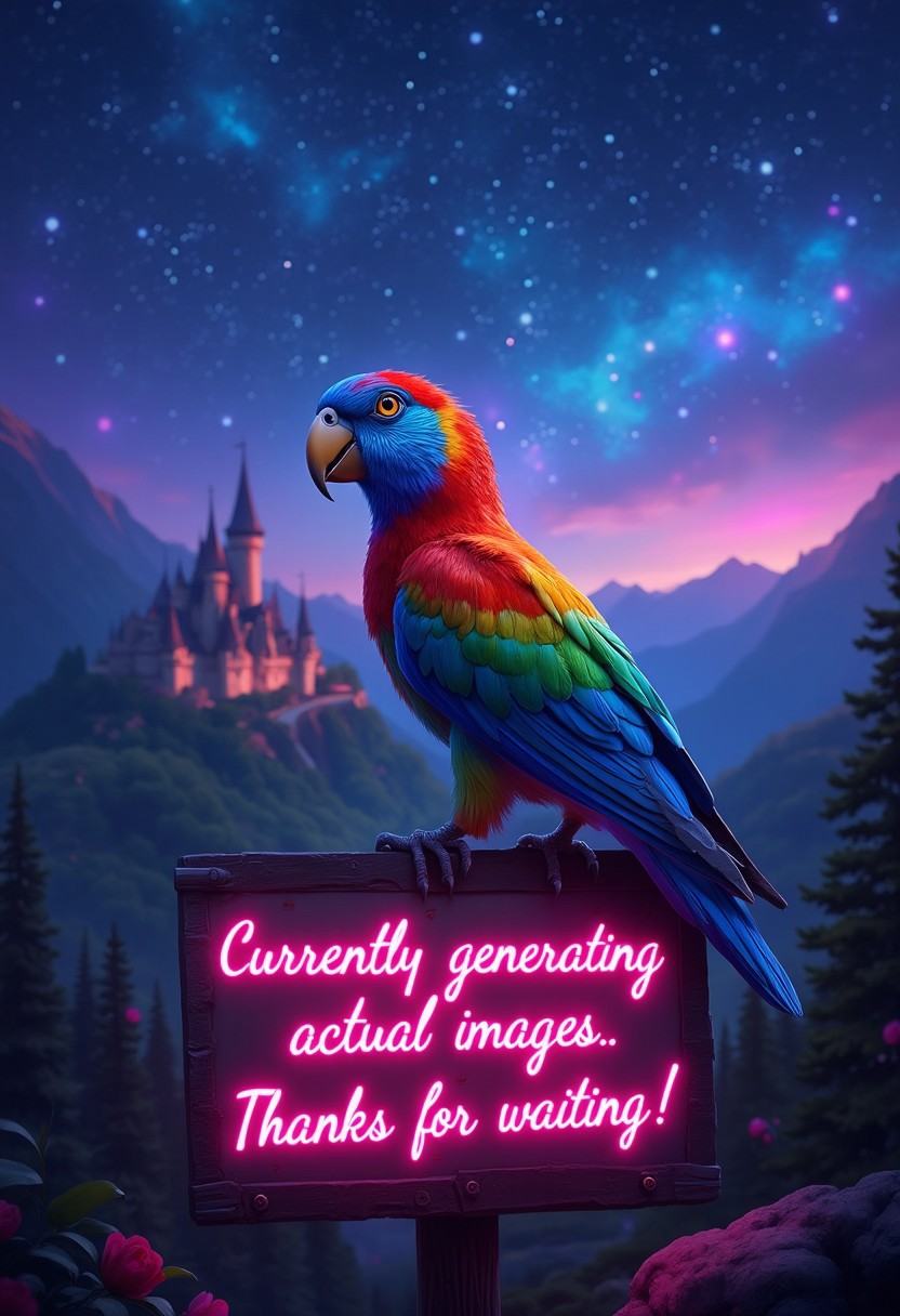 Image of a vibrant multicolored bird,  sitting ontop of a sign. The sign reads "Placeholder image,  currently generating a...