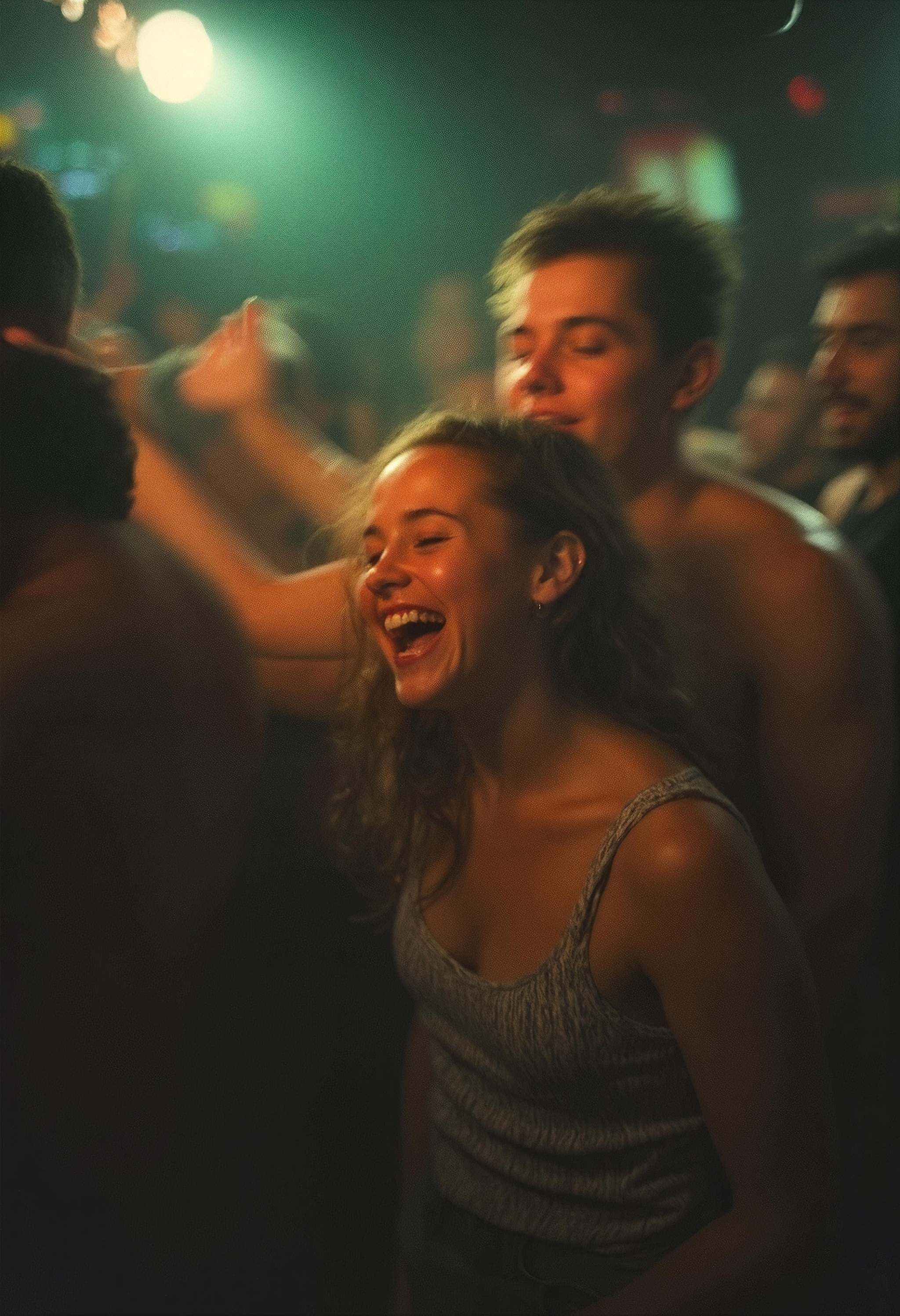 A point-and-shoot flash photograph shows a blurry image of a guy and a girl laughing exuberantly in a crowded bar. The gir...