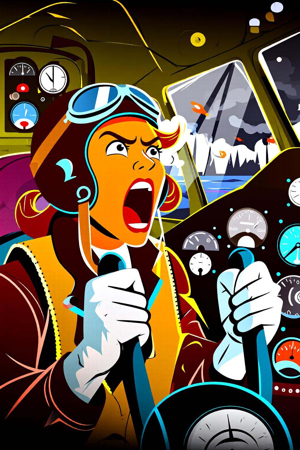 flatcolorvectorart2q illustration.A female pilot screaming inside the cockpit of a World War II bomber. The pilot,  wearin...