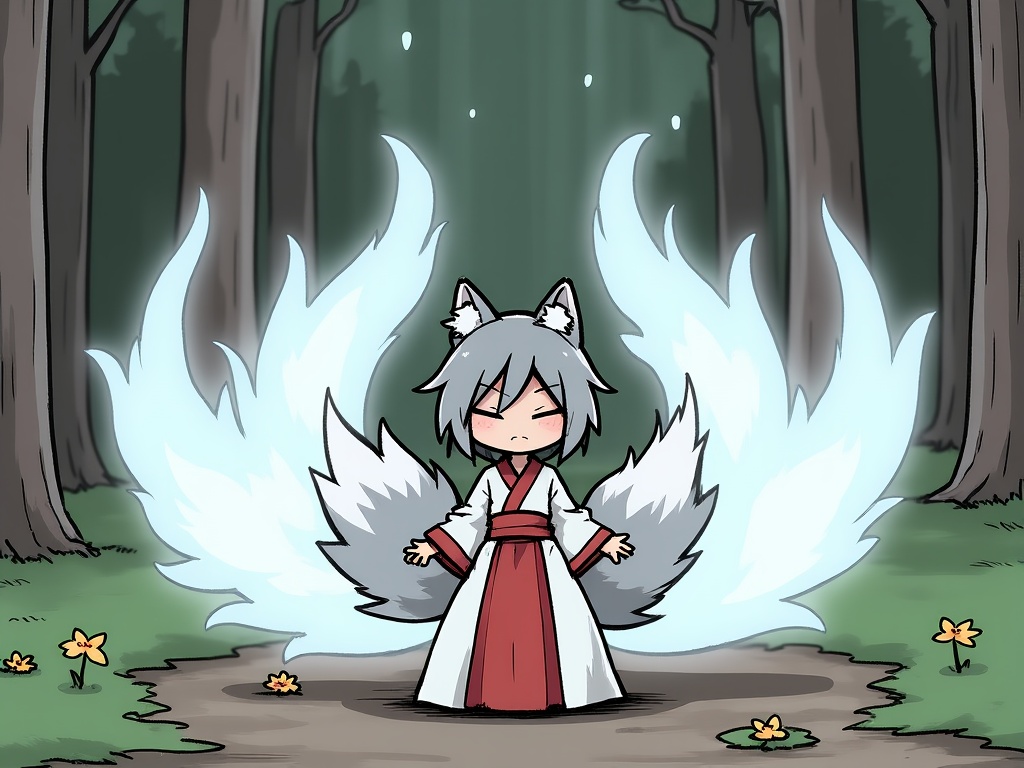 (masterpiece:1.2),(extremely detailed:1.2),(best quality:1.2),(high quality:1.2),(official art:1.2),jbh,Anime-style drawing,Digital drawing of a chibi-style character with fox ears and tails,standing on a forest path. The character has short,silver hair and is wearing a white and red kimono. The character is surrounded by multiple glowing,ethereal fox tails that radiate a soft,white light. The background features a dense forest with tall trees and a gentle rain falling,creating a serene and mystical atmosphere. The character is positioned in the center of the image,facing slightly to the right,with a small yellow butterfly fluttering near their feet. The lighting is soft and diffused,with a gentle glow from the fox tails illuminating the character. The camera angle is straight-on,capturing the character and the surrounding environment in a balanced composition. The art style is clean and polished,with smooth lines and vibrant colors.,<lora:古风简笔画-autodl-11.26-000009>,