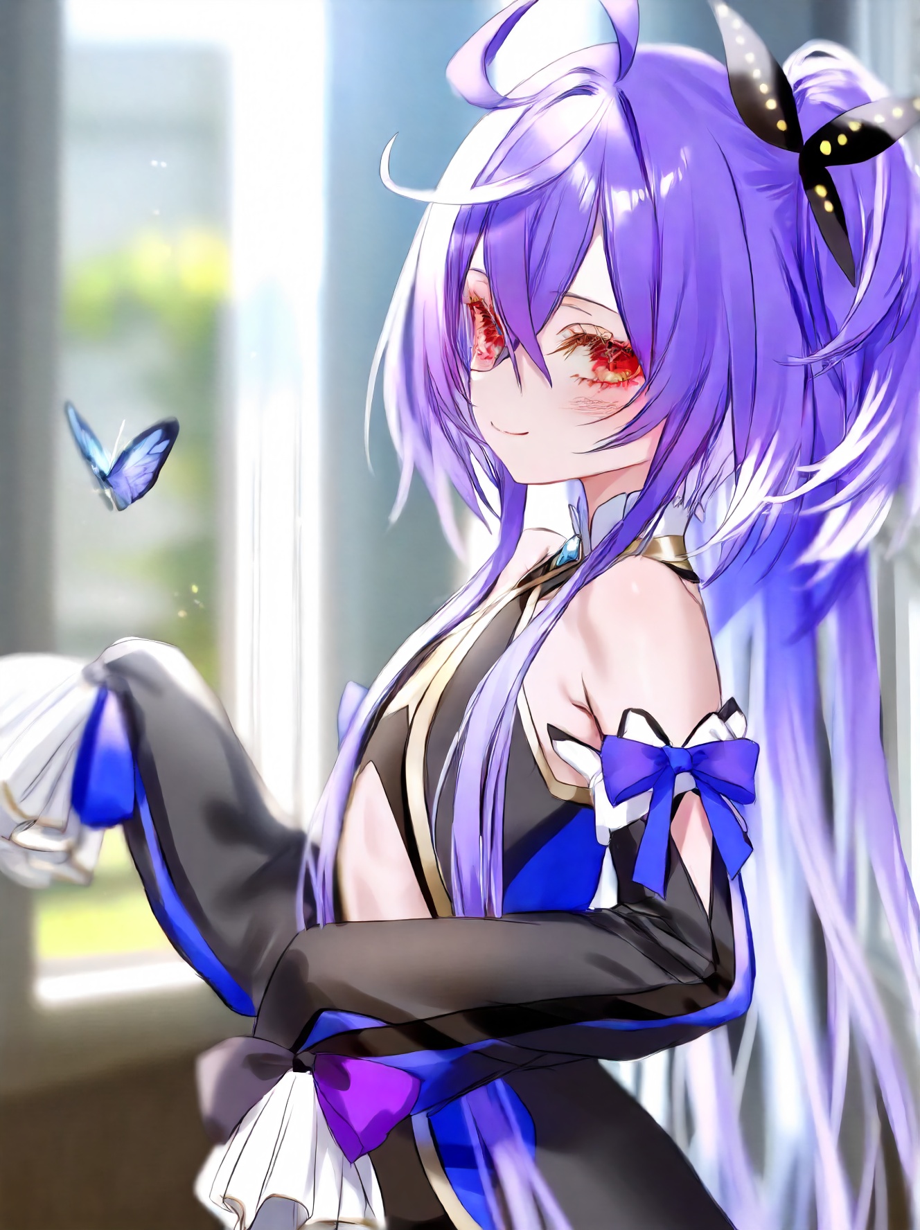 1girl, shisui kiki \(1st costume\), nanashi inc., (pottsness:1.1025), solo, (oninekoas109:0.907), from side, profile, depth of field, ahoge, long hair, flat chest, butterfly, bare shoulders, purple bow, virtual youtuber, blurry, looking to the side, smile, black dress, cowlick, sleeves past fingers, crossed bangs, closed mouth, grey hair, dress, blurry background, sleeves past wrists, upper body, hair between eyes, purple hair, red eyes, detached sleeves, multicolored hair, bug, sidelocks, sleeve bow, very long hair, bow, looking at viewer, masterpiece, best quality, nsfw, safe