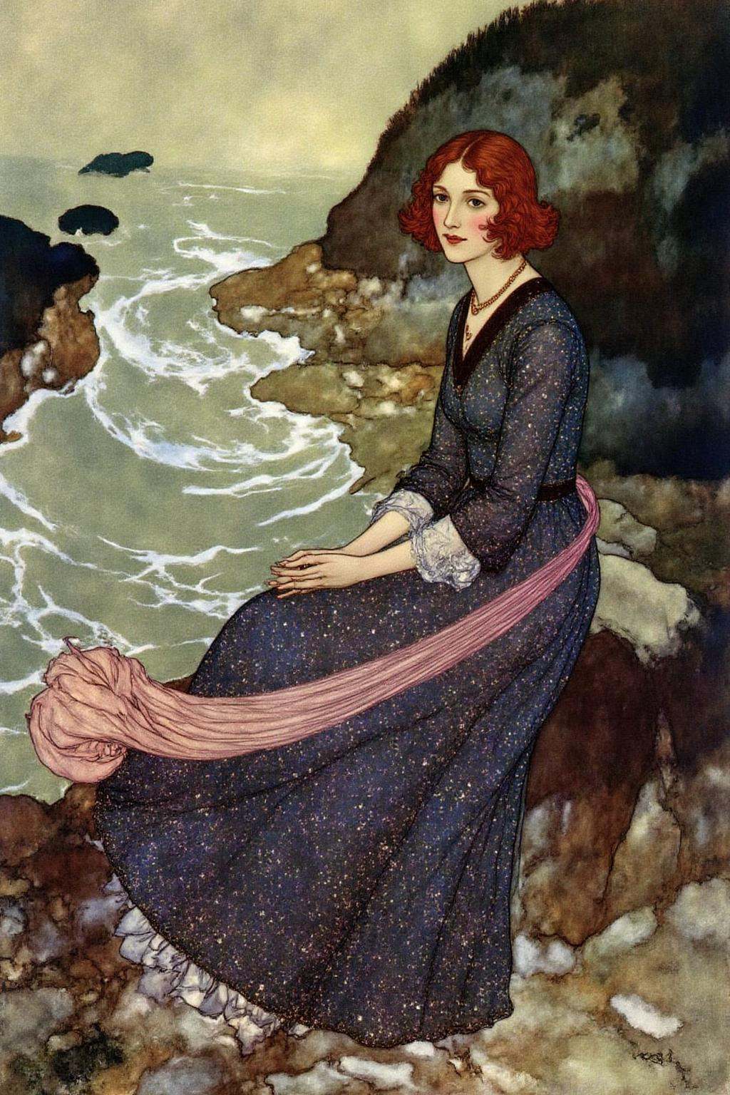 dulac1 illustration. A woman with a serene expression,  sitting on a rocky shore. She has wavy,  shoulder-length red hair...