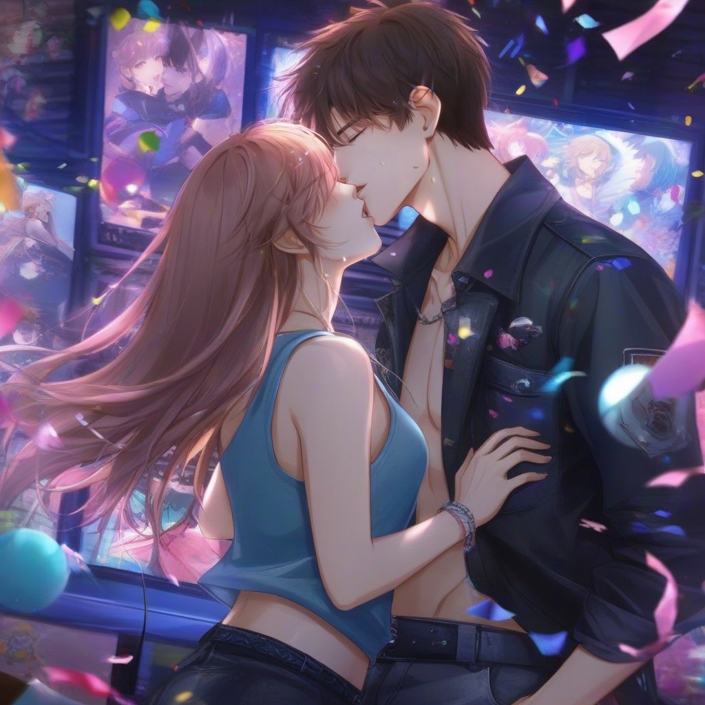 <lora:20241029-1730164497477:0.8>,The image shows a young couple passionately kissing in front of a computer screen. The girl has long pink hair and is wearing a blue **** top and black shorts. The boy has short brown hair and a black jacket. They are standing close together,with the girl's arm around the boy's waist. The background is filled with colorful confetti and streamers,creating a festive atmosphere. The overall mood of the image is romantic and playful.,