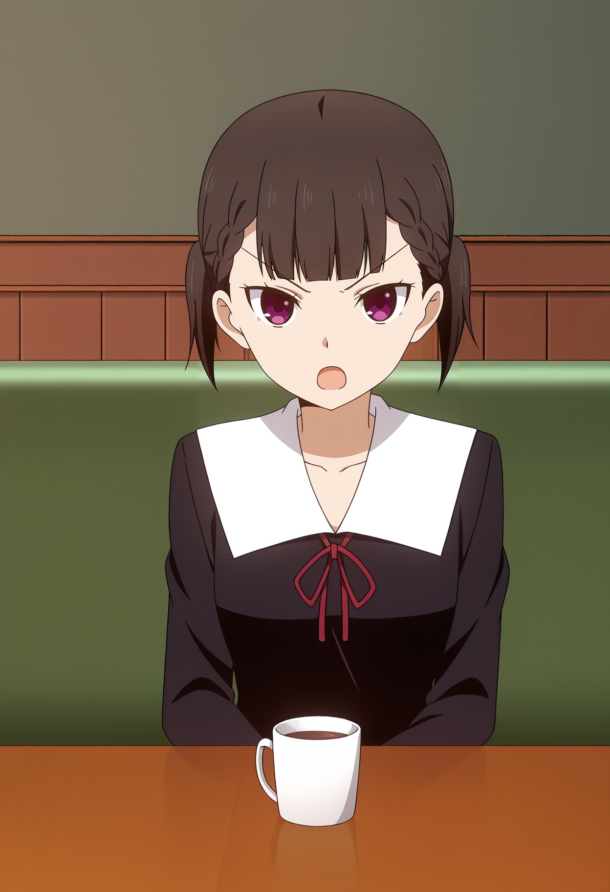 <lora:Shijiyou Maki_illustrious-000010:1>,1girl,solo,Shijiyou Maki, school uniform, solo, open mouth, cup, red ribbon, v-shaped eyebrows, dress, looking at viewer, neck ribbon, braid, black dress, ribbon, indoors, sitting, collarbone, table, couch, anime screencap