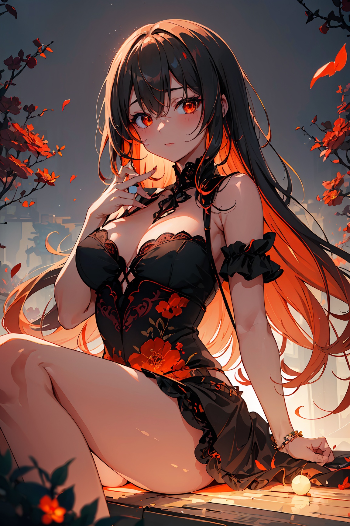 A captivating,  dreamlike anime girl sitting on a fantastical landscape filled with swirling shades of sleek black and fie...