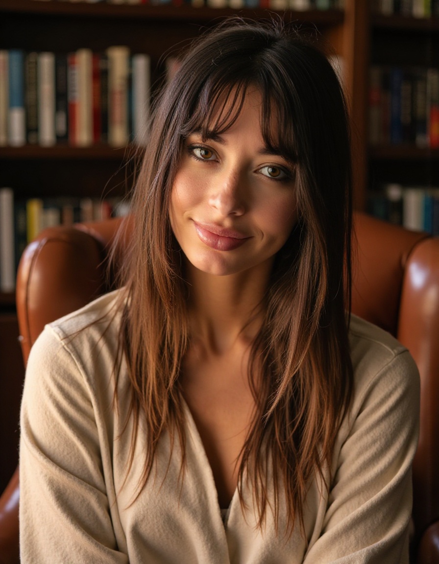 Photo of beautiful woman with straight bangs and a bright smile,  looking directly at the camera in a quiet library,  soft...