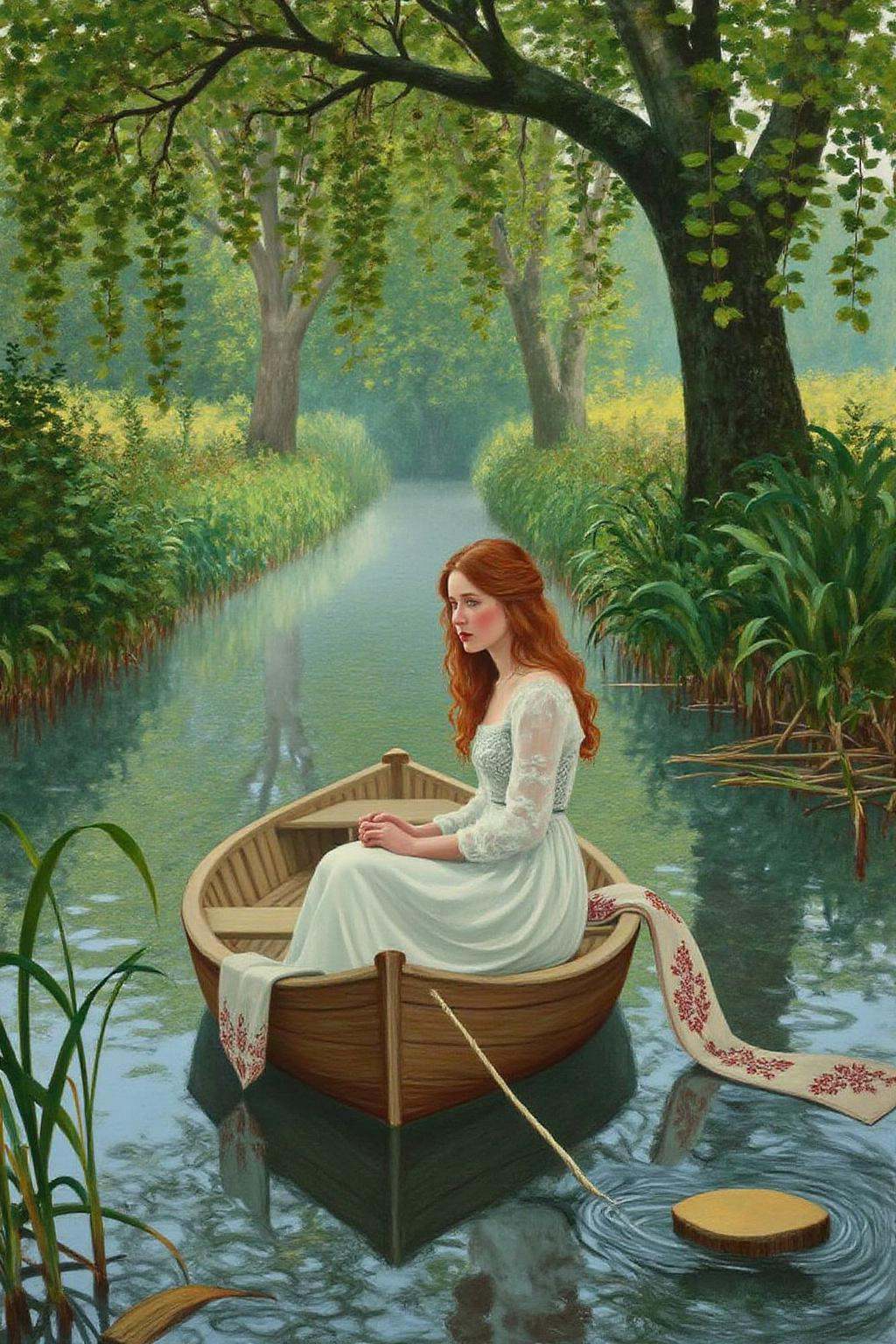 daho1 painting.A romantic and dramatic scene inspired by the legend of 'The Lady of Shalott,  ' created in the style of Jo...